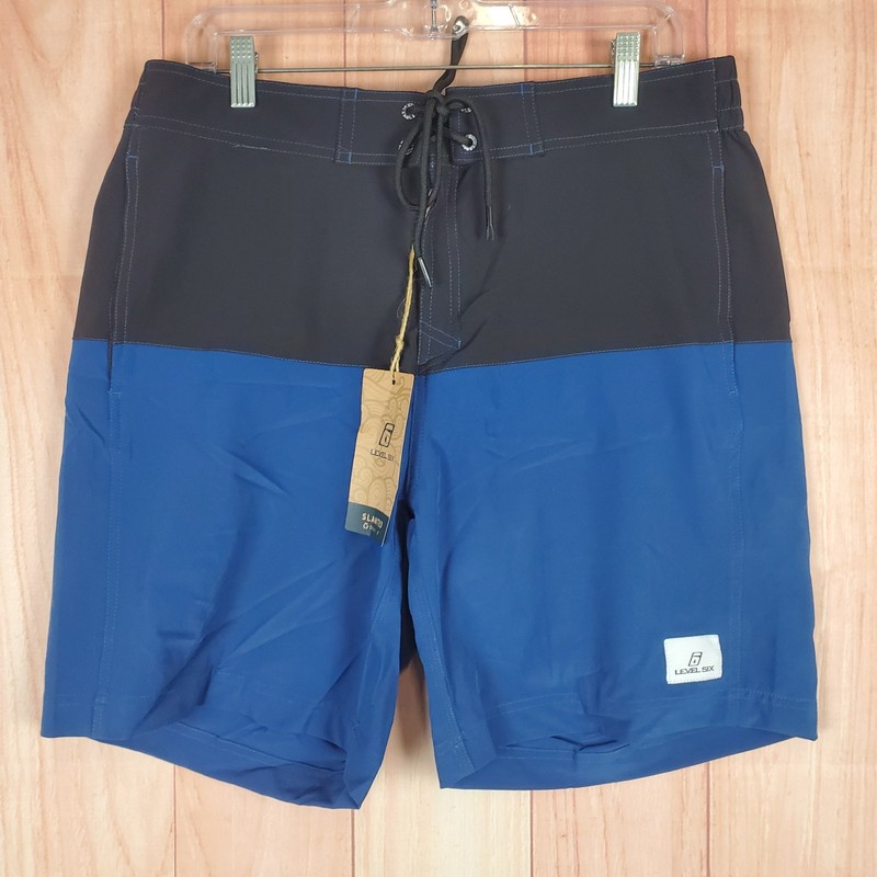Level Six Cmb Slanted Board Shorts Men 36 Blue Black Logo Stretch Woven Swimwear
