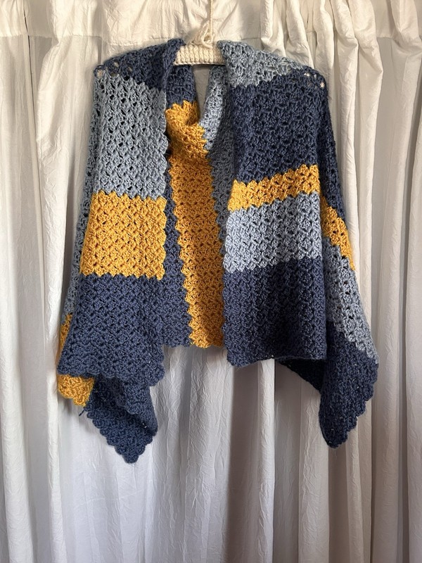 Vintage Hand Crochet Shawl Wrap Scarf 60×21 Blue With Gold