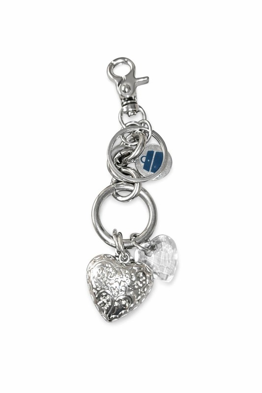 Kathy Van Zeeland Silver Keychain 6” Crystal Heart Fleur Charms Pre-Owned”