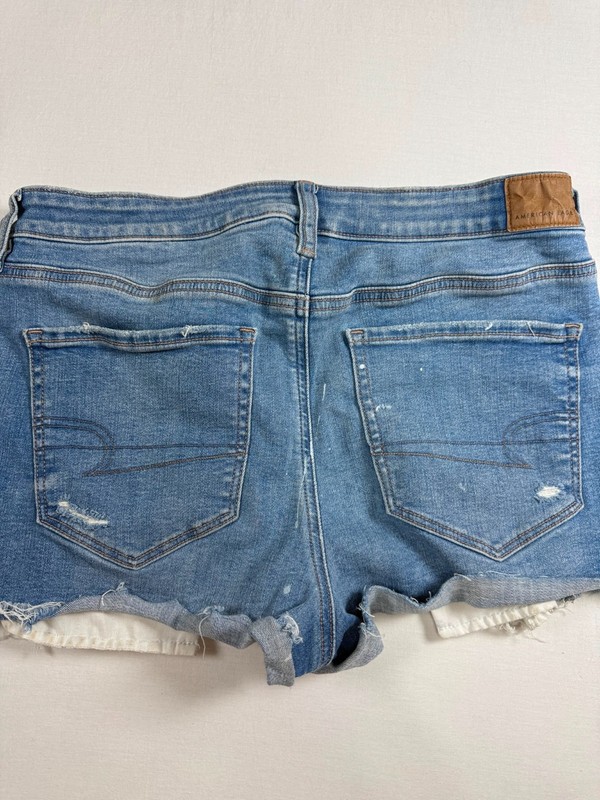 American Eagle Hi-Rise Shortie Light Wash Distressed Denim Shorts Lace Detail gallery