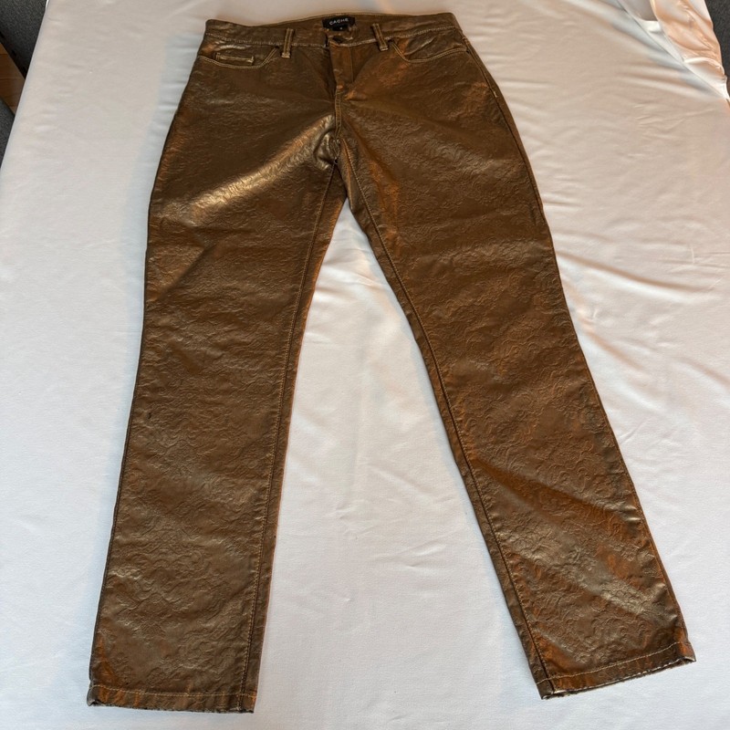 Vtg Cache Metallic Gold Embossed Floral Damask Straight Leg Pants Size 10 NWT