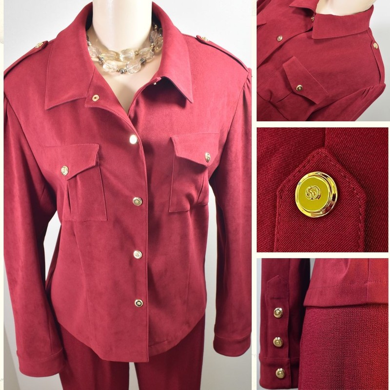 Vintage ST JOHN SPORT Burgundy Microsuede Jacket L Gold Snap Military 2002