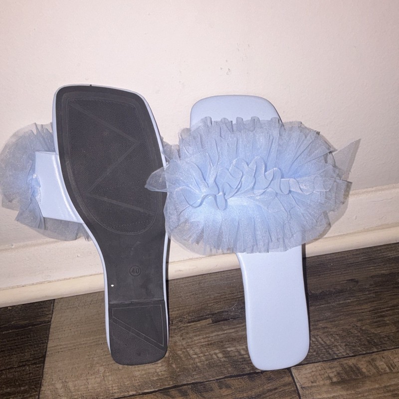 Women’s Light Blue Ruffle Slip-On Slide Sandals Flat Synthetic Upper EU 40 gallery