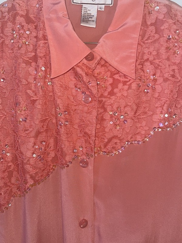 Diane Gilman Womens Large Sequined Front Silk Top V-Neck Button & Loop Hot Pink