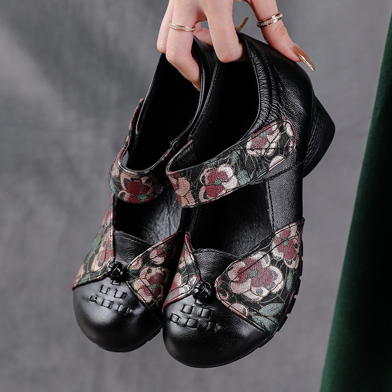 2026 Women’s Block Low Heel Mary Janes Leather Comfort Flower Causal Shoes Pumps