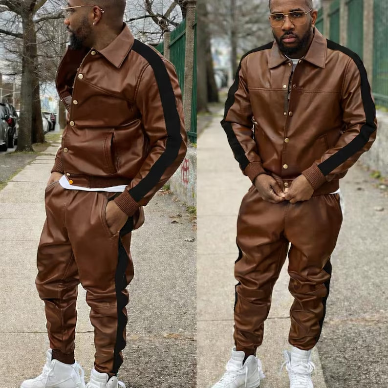 Men Genuine Leather Track Suit Sweat suit Brown/Black Men Jogging Tracksuit
