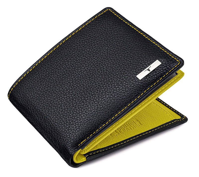 NEW BLACK/YELLOW BI-FOLD LEATHER MEN’S WALLET RFID PROTECTION GIFT ITEM