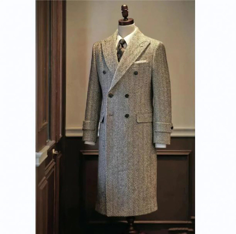 Men's Overcoats Herringbone Tweed Peak Lapel Double Breasted Formal Long Coats gallery