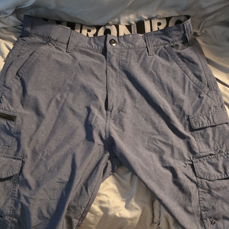 Iron Co. Men’s Blue Cargo Shorts Cotton Canvas Flat Front Button Logo Pockets