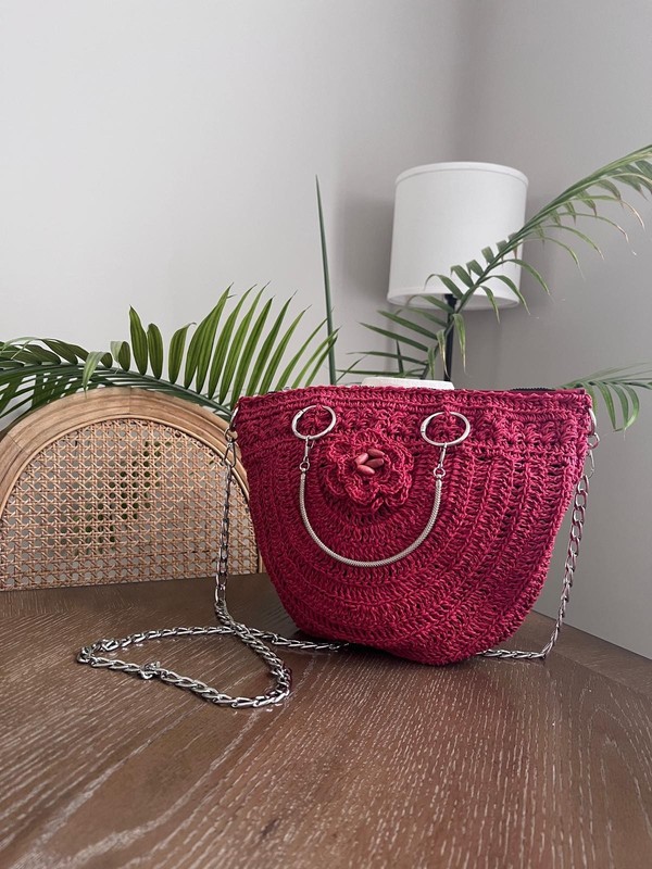 Red Half Moon Knitted Paper Yarn Crossbody Bag Silver Chain Strap Handmade gallery