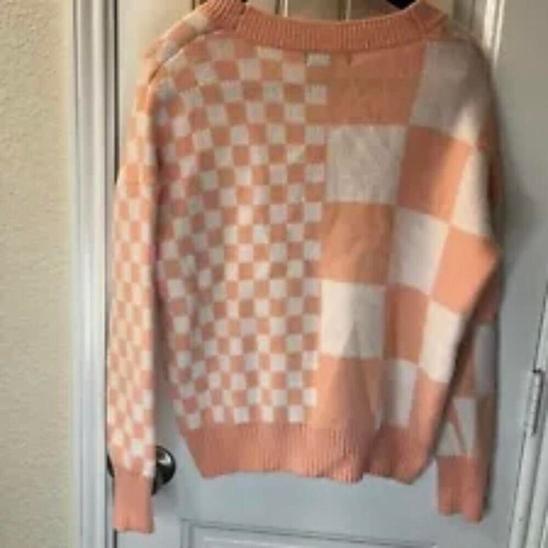 Witty Fox Peach Checkerboard Junior's Cardigan Sweater Size XS gallery