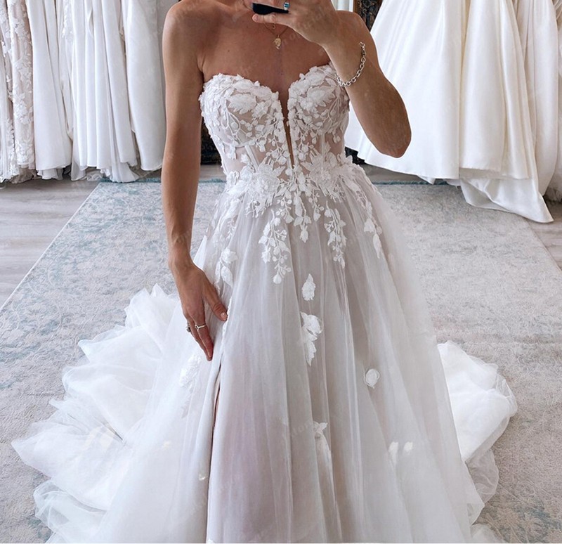 Illusion Lace Wedding Dress Custom Made 32 34 36 38 40 42 44 46 Slit