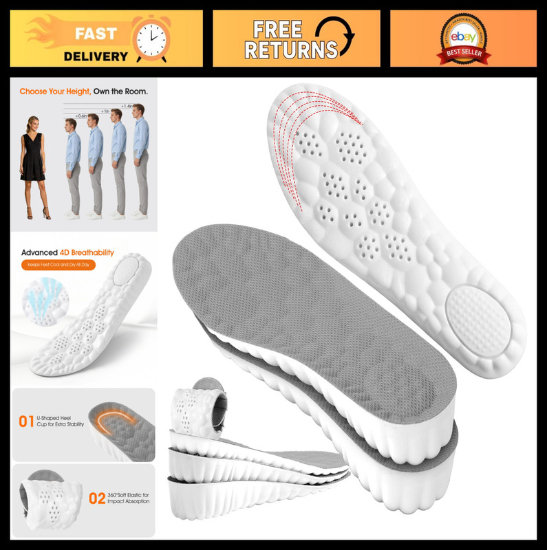 Height Increase Insoles for Men – 4D Memory Foam Boosters, Shock Absorbing, Trim
