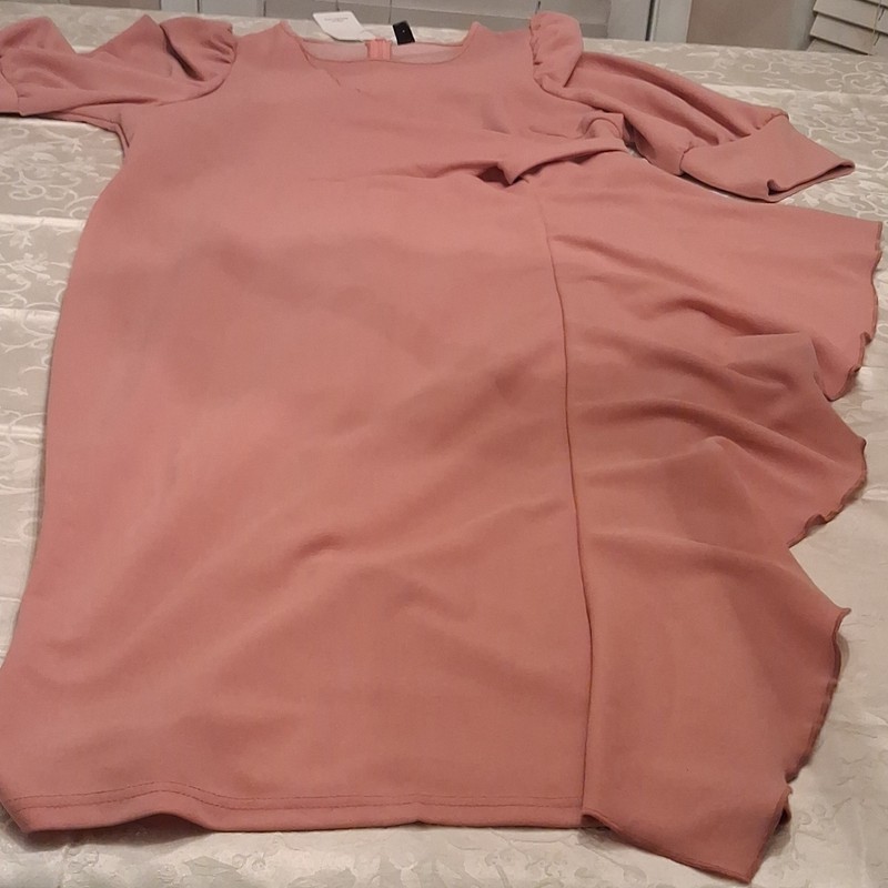 SHEIN Modely Women’s Pink Solid Ruffle Midi Dress Round Neck Long Sleeve L