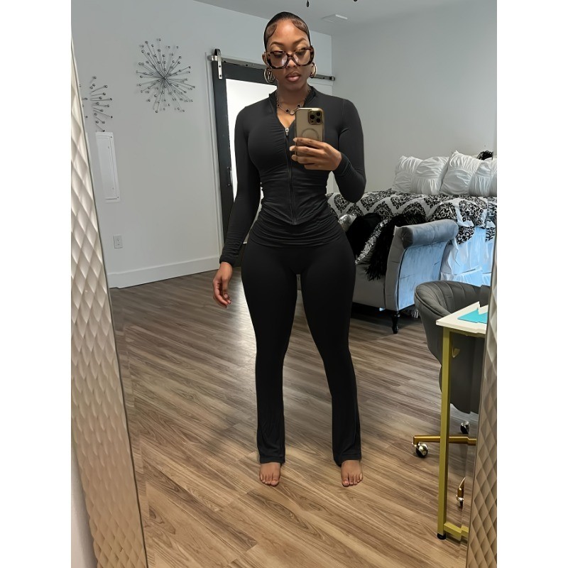 Womens 2Pcs Outfits Workout Set Long Sleeve Tracksuit Zip Up Fitness Sweatsuits
