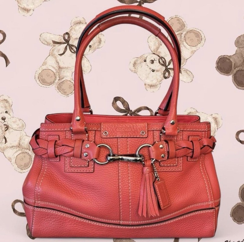 Coach Hampton Boston Shoulder Purse Bag K0872-F13084 Leather Handbag Coral Red