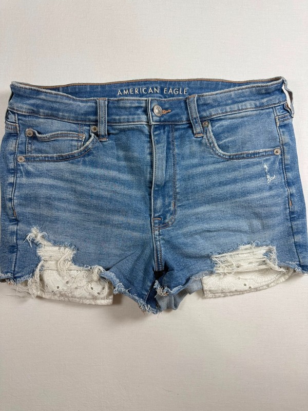 American Eagle Hi-Rise Shortie Light Wash Distressed Denim Shorts Lace Detail
