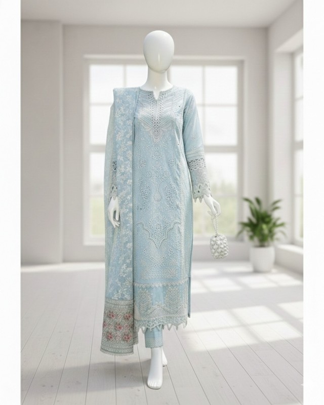 Serene Ice Blue Embroidered 3-Piece Suit with Printed Dupatta–Ready to Wear(L)