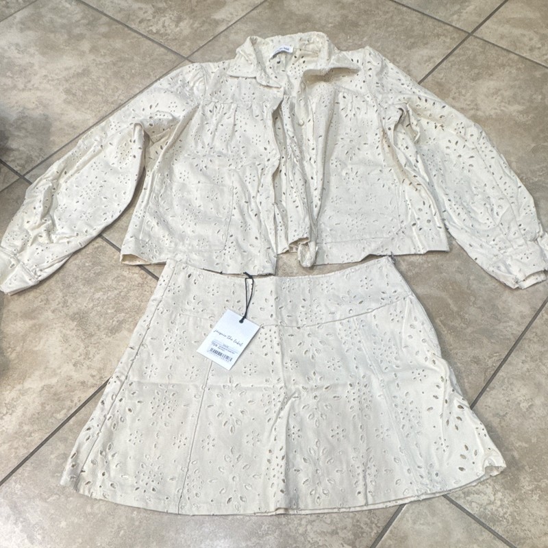 Jacquie the Label Ivory Eyelet Cotton 2pc Button Jacket & Skirt Set L