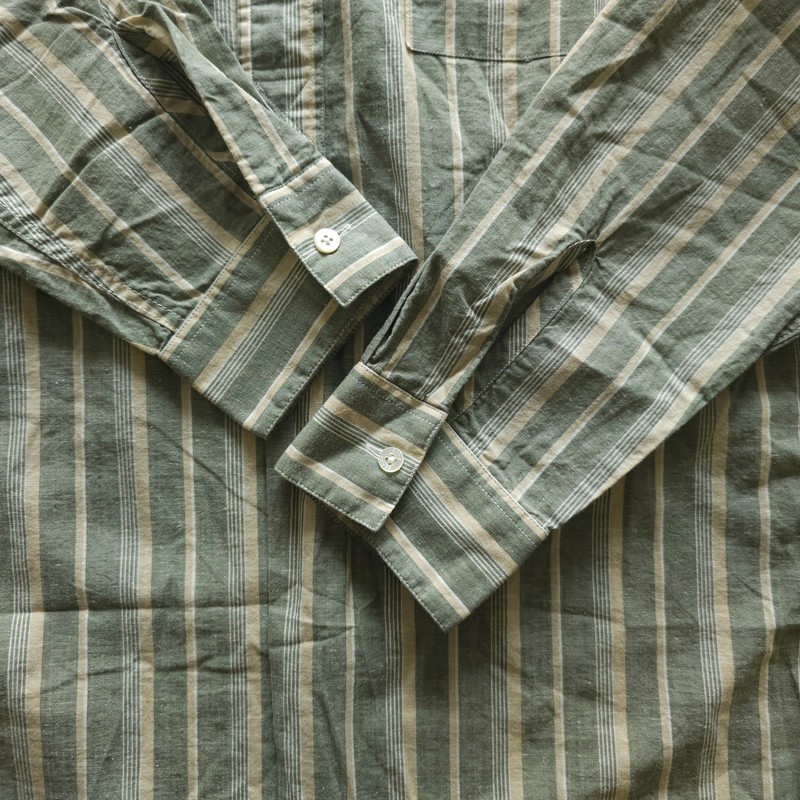 NWOT BEAMS Plus Made in Japan Cotton Flax Band Collar Popover Shirt Olive Small gallery