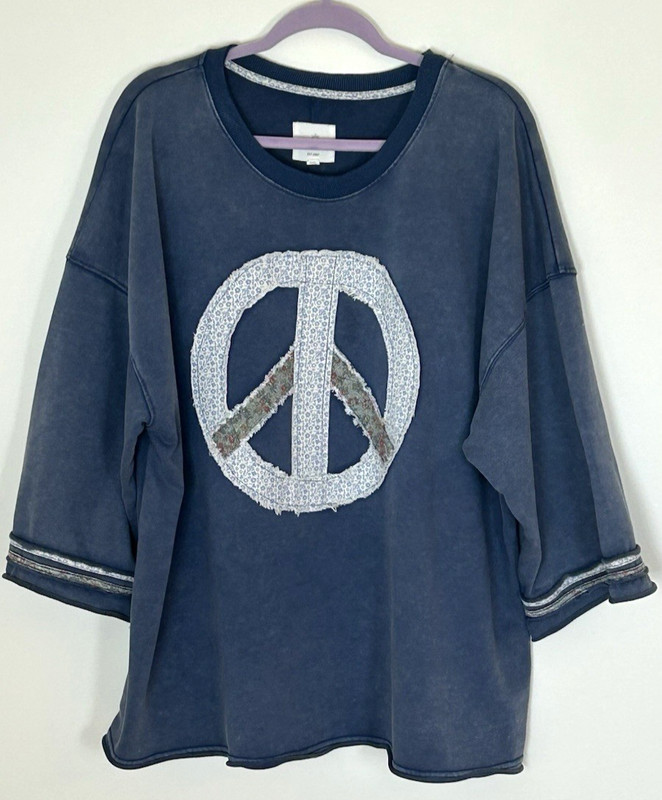 UMGEE Blue Mineral Washed Sweatshirt Peace Sign Patch Floral Patchwork Boho 2XL gallery