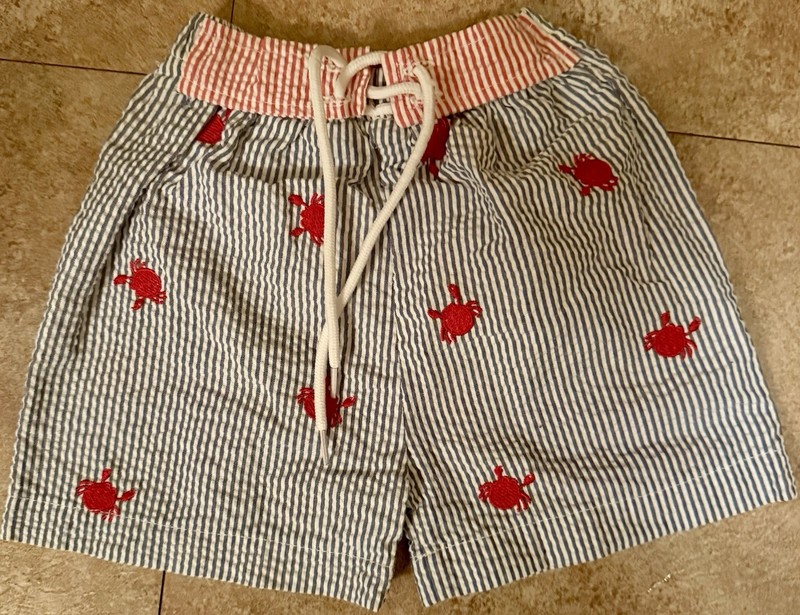 Mud Pie Boys 0-6M Blue/White SeersuckerCrab Swim Trunks Drawstring Elastic Waist