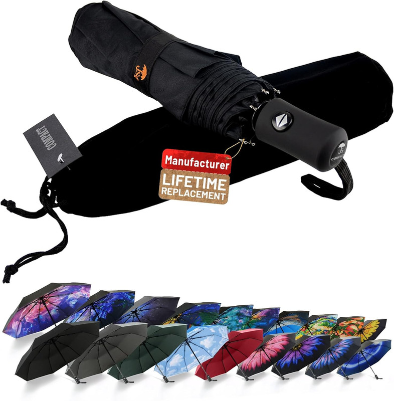 Travel Umbrella – Windproof Automatic Compact Umbrella for Rain, Lightest 8-Rib,
