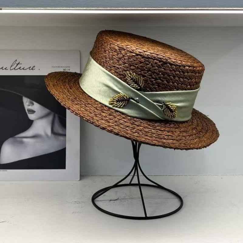 Luxury French Imported Raffia Hat Women Flat Top Small Brim Vacation Hat