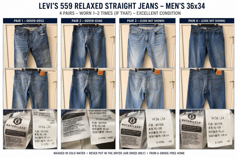 Levi’s 559 Relaxed Straight Jeans – Men’s 36×34 – Lot of 4 Pairs