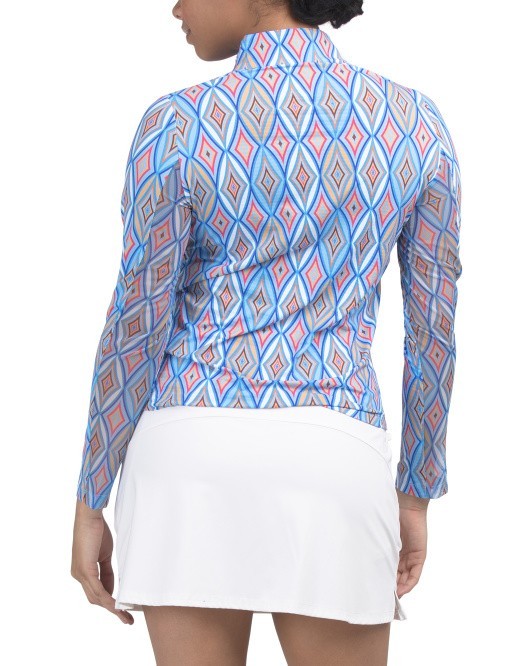 NEW IBKUL TENNIS GOLF LONG SLEEVE ZIP MOCK NECK TOP, ROMINA BLUE MULTI , LARGE gallery
