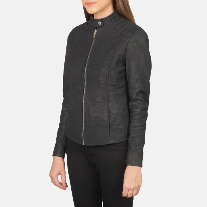 ZENZASION Women’s Quilted Cafe Racer Black Leather Jacket Genuine Real Leather