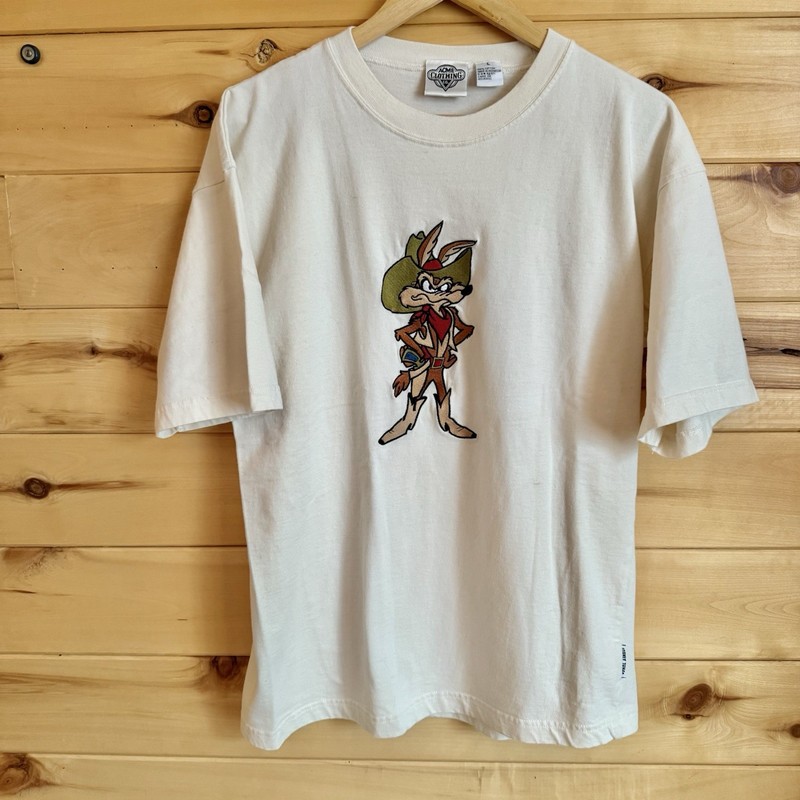 Vtg 1991 ACME Clothing Looney Tunes Wile E. Coyote Cowboy Embroidered T-Shirt L