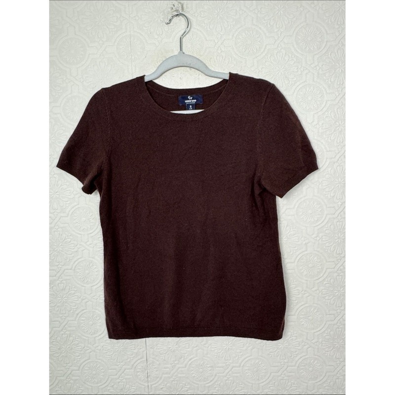 Lands’ End 100% Cashmere Short Sleeve Sweater Brown Crew Neck Women’s Small