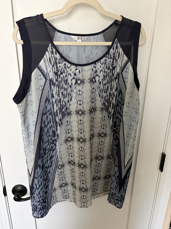 CAbi 253 Mixed Print Gray Blue Sleeveless Top Blouse L Layer Summer Lightweight