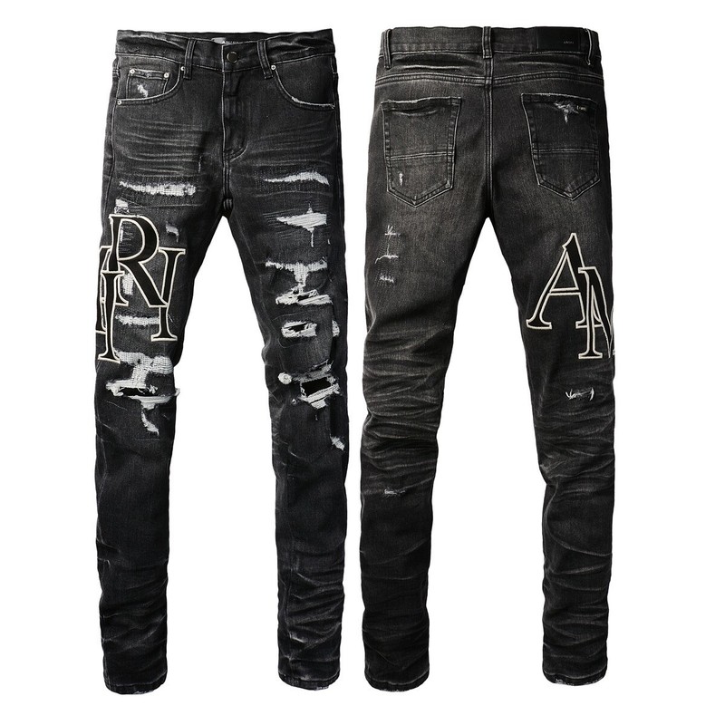 AMIRIS Fashion Men’s Letter Embroidered Low Rise Skinny Denim Jeans