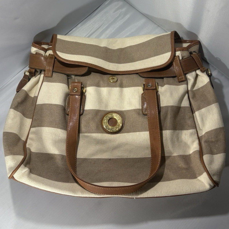 Capezio Beige/Brown Striped Satchel Top Handle Bag Magnetic Closure Gold HW