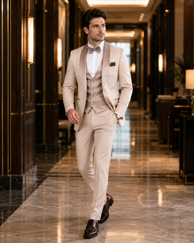 Mens Champagne Tuxedo Suit Shawl Lapel Vest Pants Wedding Prom 3pc Set gallery
