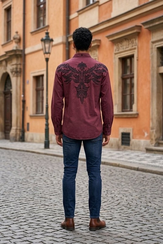 Roar Signature Men’s Embroidered Western Shirt Burgundy Black Tribal Design