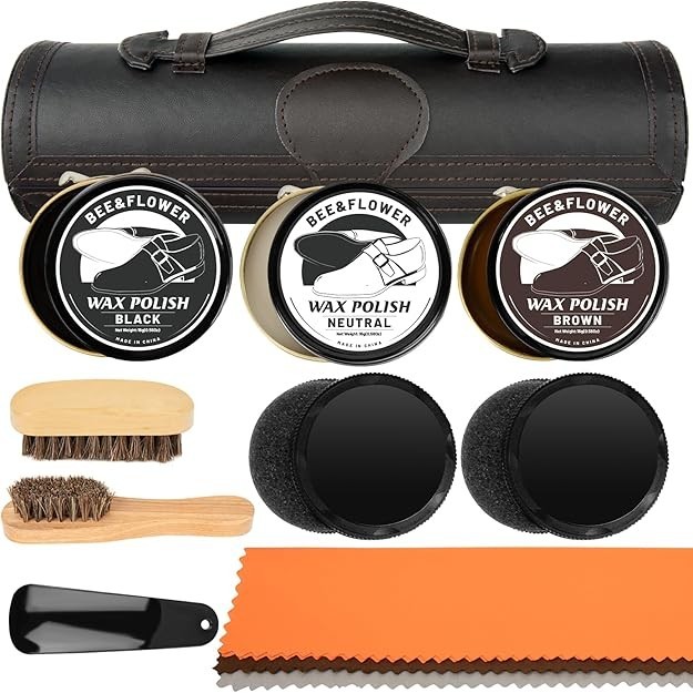 Shoe Polish Kit – Shoe Shine Kit | Leather Care Set with Horsehair Brush & Wo…