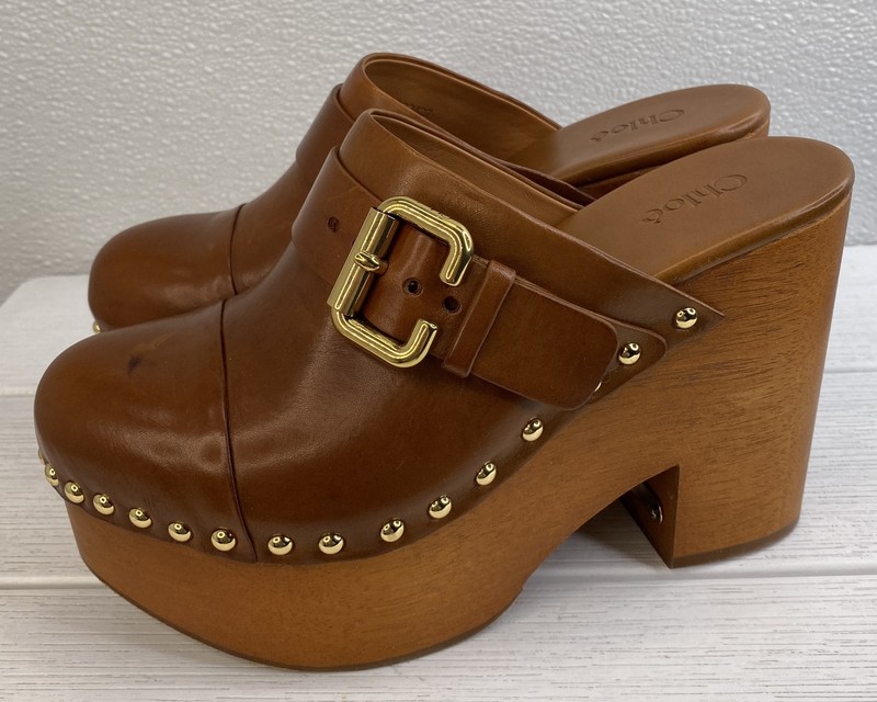Chloe Jeannette 40MM Clogs Womens Size US5 EU35 Leather Ginger Brown Studded gallery