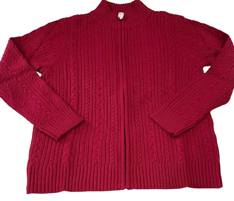 Appleseed’s Wool Blend Sweater Jacket PL Red Vibrant Cable Knit Fisherman Preppy