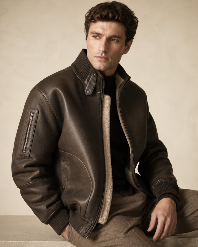 Mens Leather Jacket, Shearling Leather, Dark Brown, Handmade Bomber Style