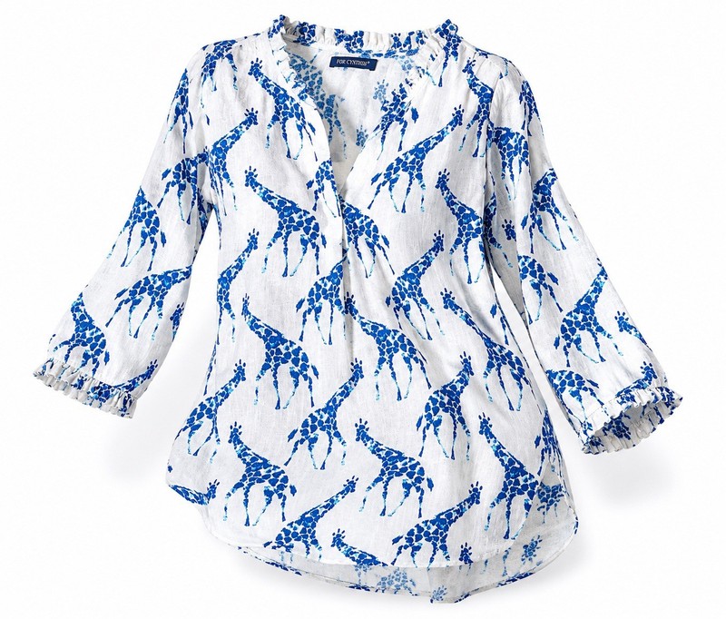 For Cynthia Giraffe Print Linen Blend Tunic Top Womens M/L Blue White Safari