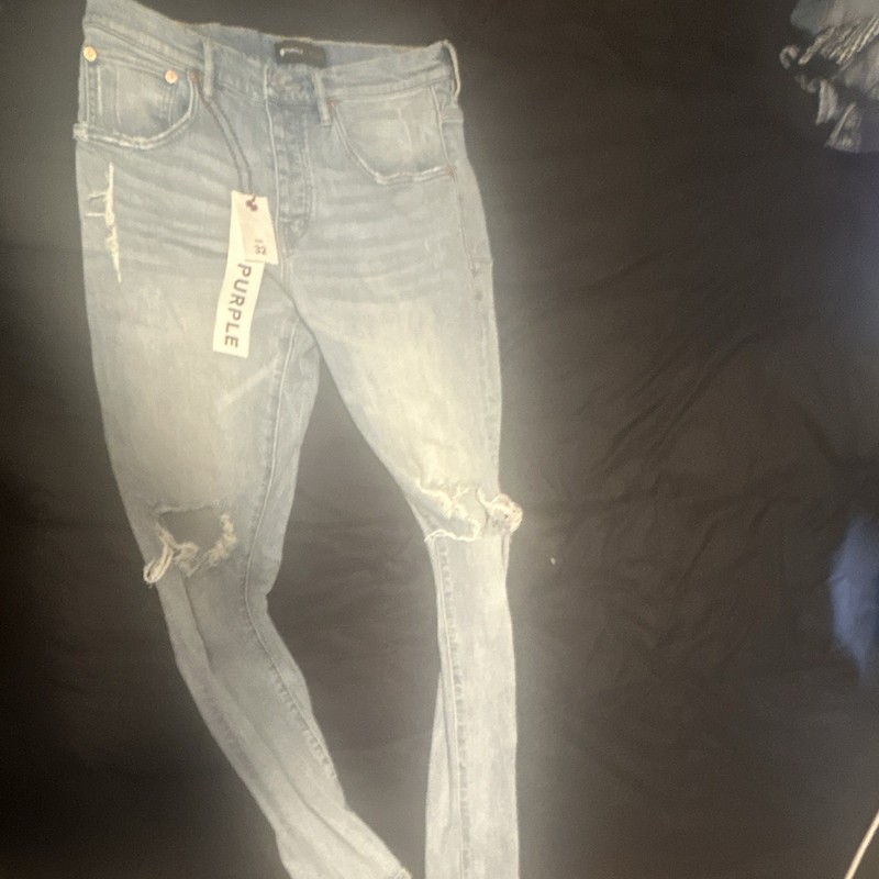 PURPLE Men’s Blue Light Wash Distressed Skinny Slim Fit Denim Jeans Size 32