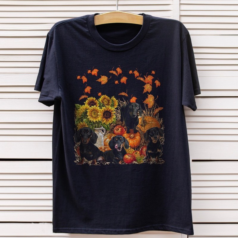 Dachshunds Pumpkins And Sunflowers For Dog Lover Unisex Black T-shirt S-3XL