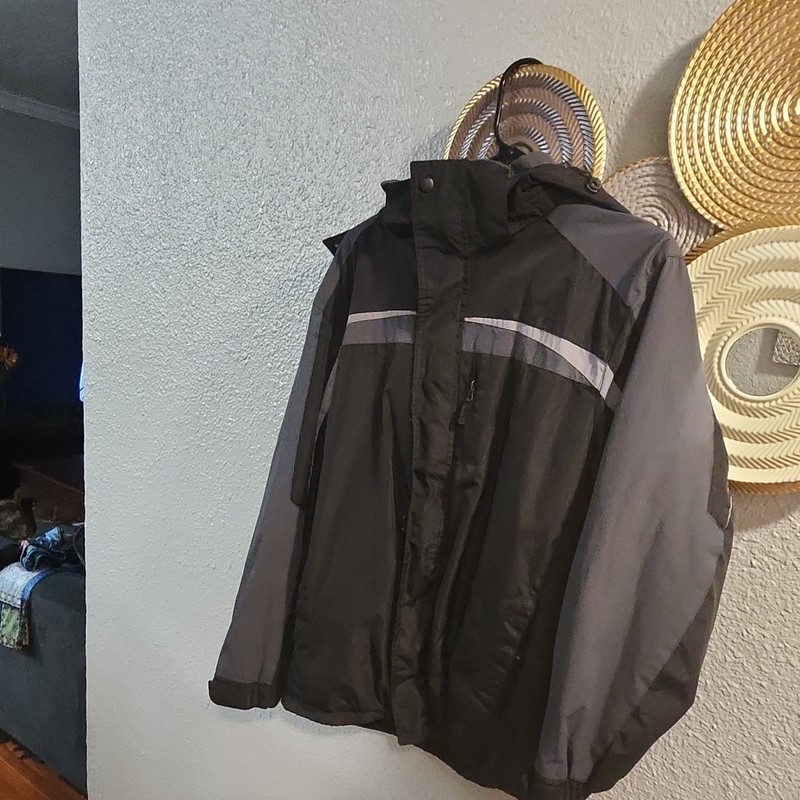 Faded Glory Men’s Black Gray Hooded Full Zip Jacket, Size L, Stand-Up Collar