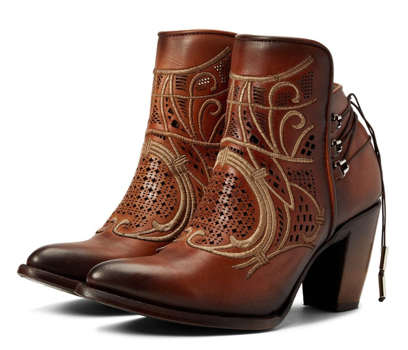 Cuadra CU434 Honey Leather Embroidered Lace-Back Western Ankle Booties 7.5 NEW