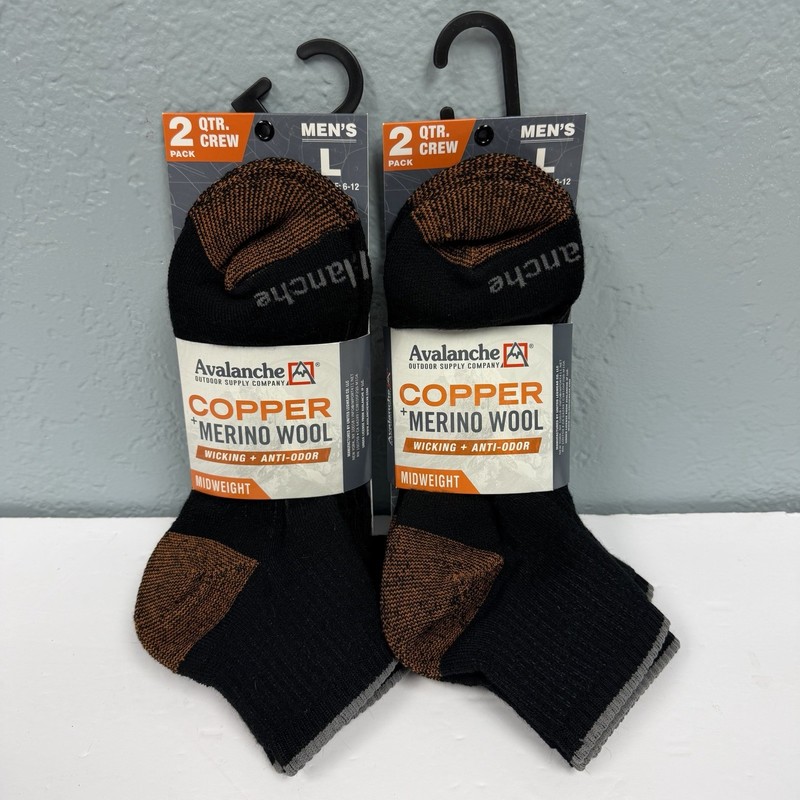Avalanche Merino Wool Copper Men’s Quarter Crew Socks L 6-12 Lot of 4 Pairs