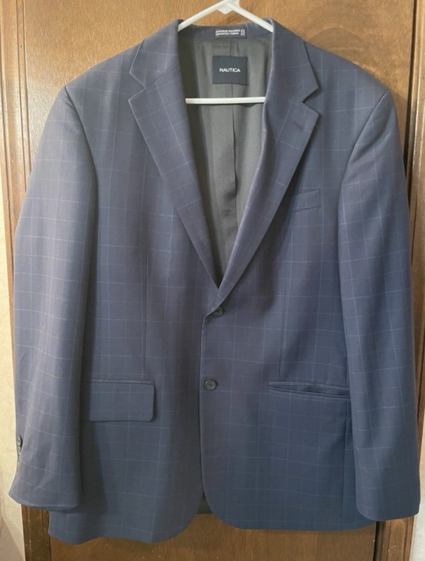 Nautica Blue Windowpane Worsted Wool Suit Jacket 40R Regular Fit