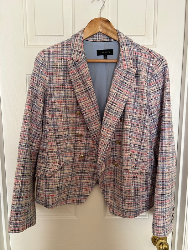 Talbots 14 Pink White Blue Tweed Blazer Jacket Lined Silver Buttons